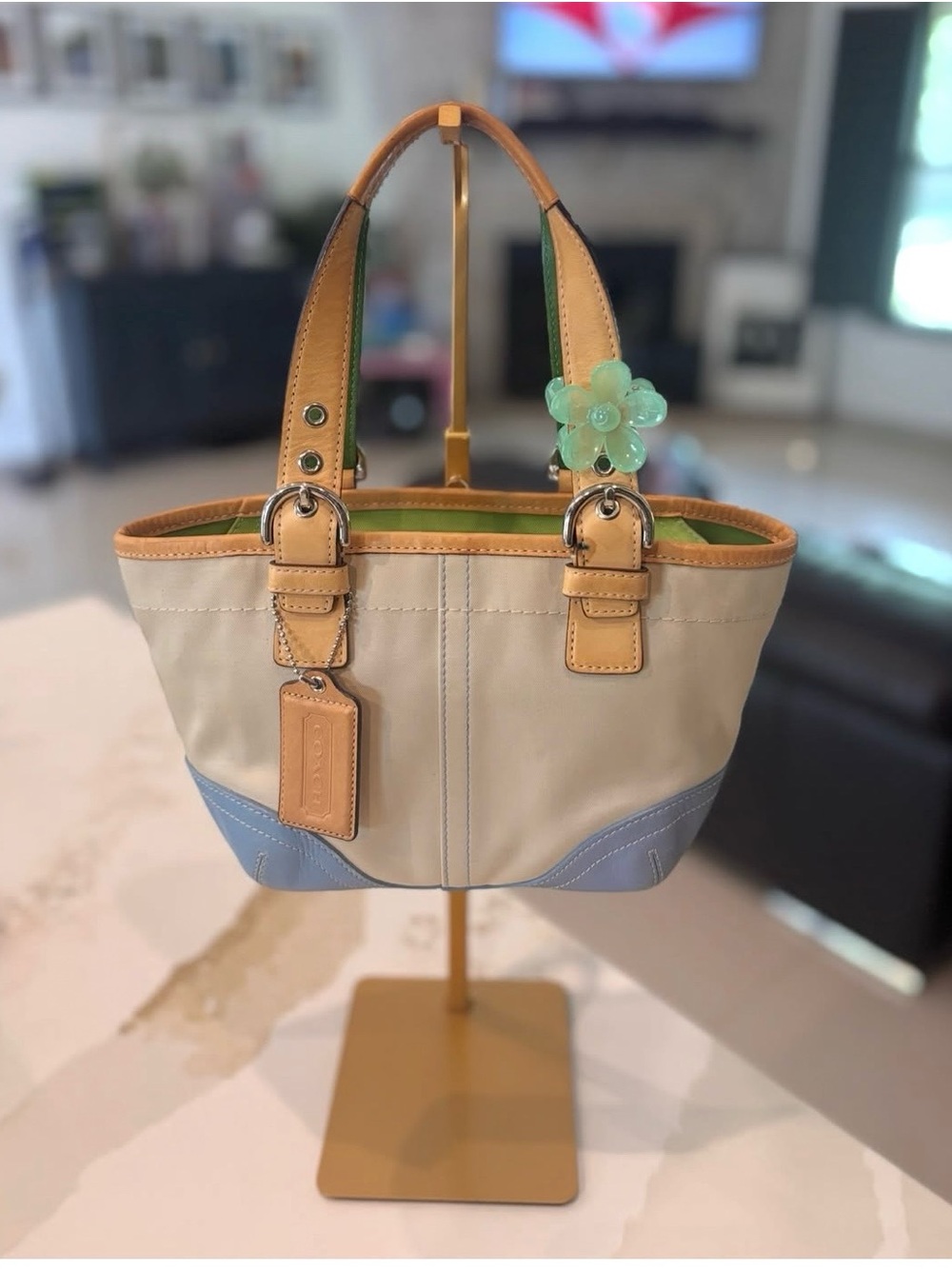 Cream and Light Blue Tote with Tan Trim